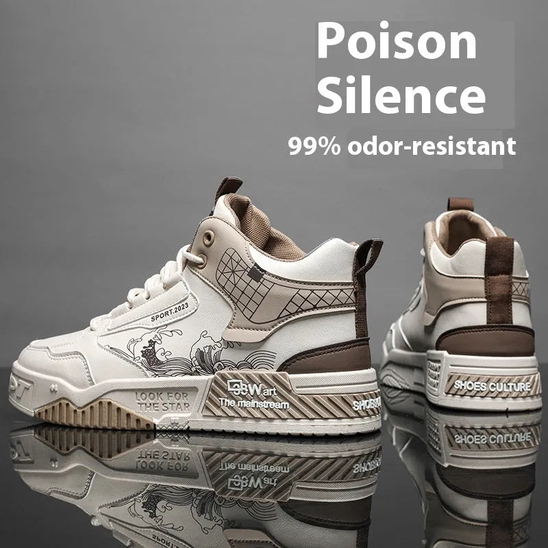 Men's casual high-top board shoes with rubber sole, broad fit, front lace-up, available in beige, white, and blue sizes 39-44.