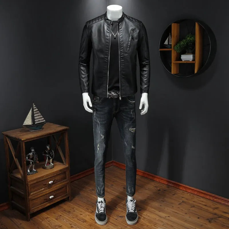 Plus size men's black PU leather jacket with stand collar, front zip, and zipper pockets, available in sizes M to 5XL