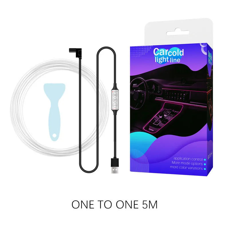 Car USB RGB LED light strip with integrated optical fibre and manual controller for colour selection