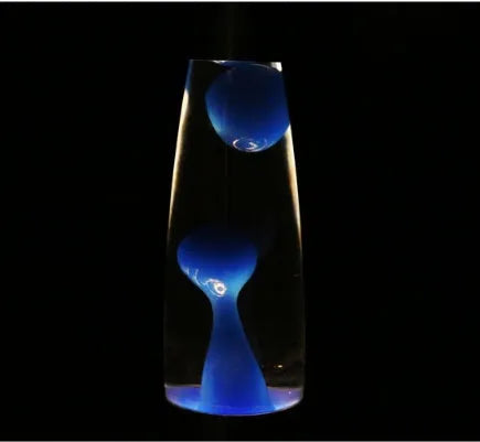 Blue lava lamp with metal base and glass bottle showing wax rising in heated liquid