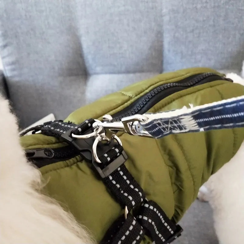 Waterproof dog coat with integrated harness in rain silk fabric for medium to large breeds