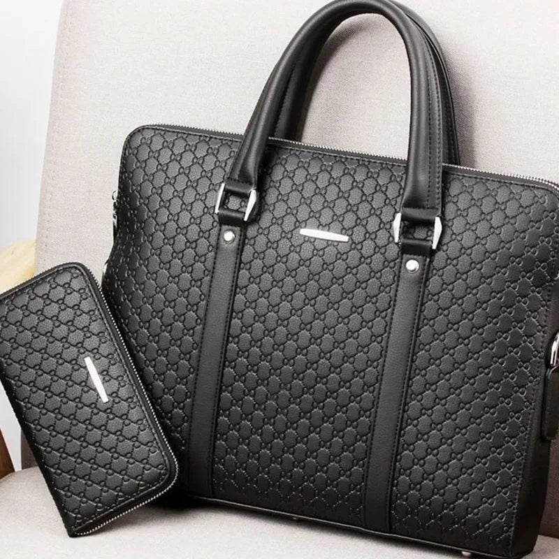 Men's black microfiber synthetic leather business briefcase handbag with embossed letters and adjustable strap