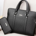 Men's black microfiber synthetic leather business briefcase handbag with embossed letters and adjustable strap