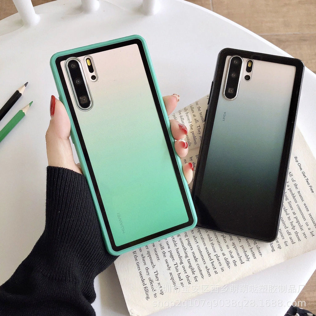 Rainbow holographic phone case for Huawei smartphones in black, green, orange, and pink.