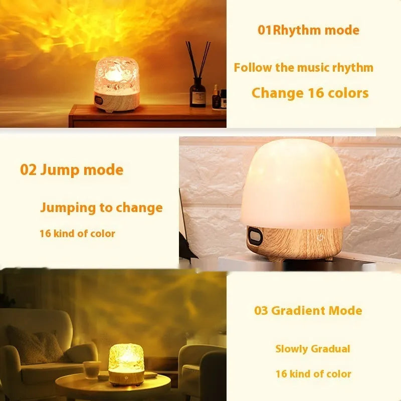 Dynamic Water Ripple Bluetooth walnut bedside table lamp with planet-shaped shade and 16 colour lights