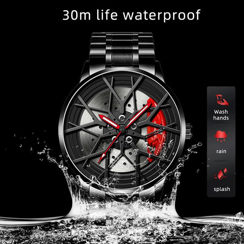 Waterproof men's luminous wheel watch with 43mm dial and black strap on wrist