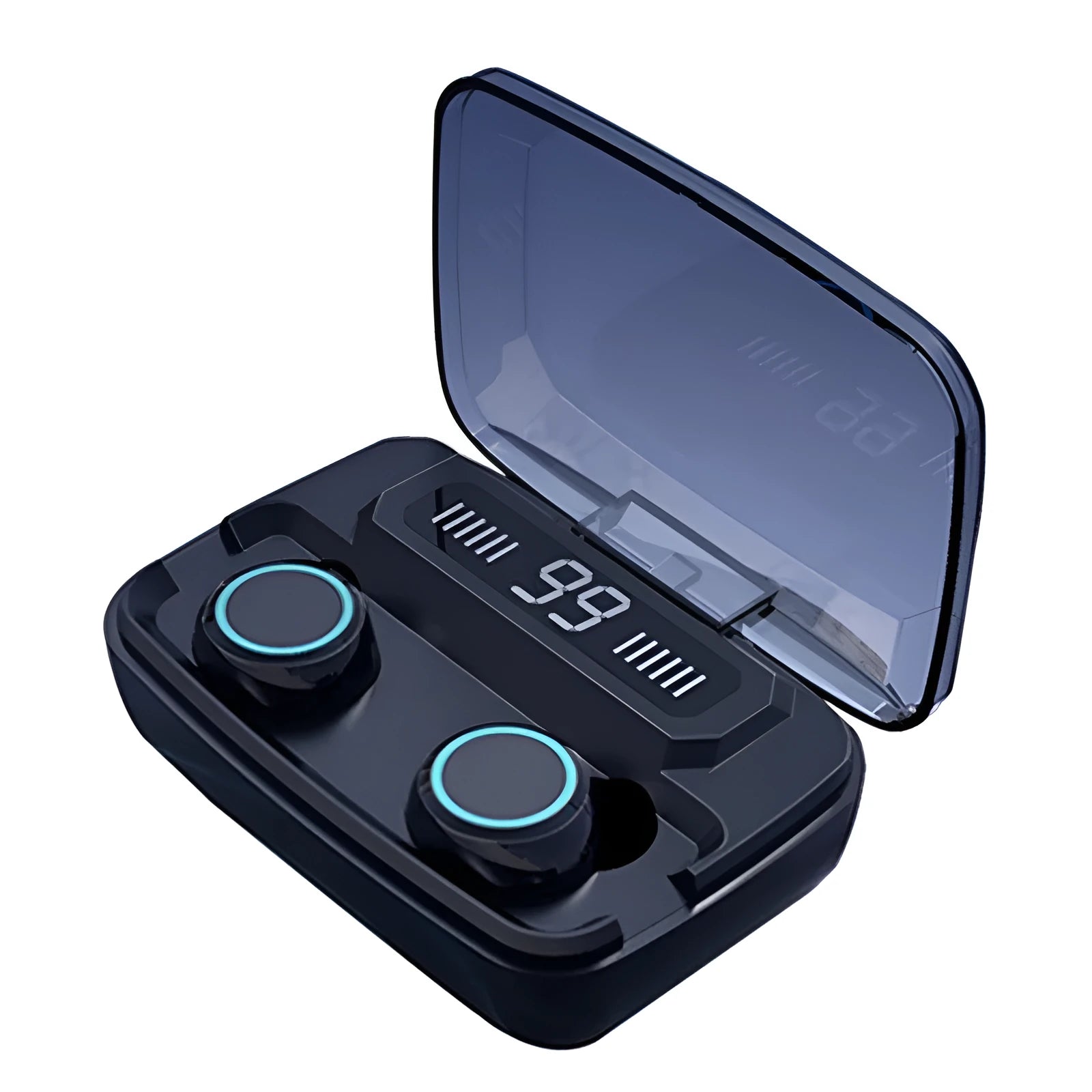 Black M11 style Bluetooth wireless headset with digital display and charging case with phone holder.