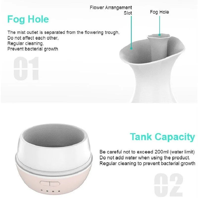 White ultrasonic humidifier with colourful night light functioning as aromatherapy diffuser and flower vase
