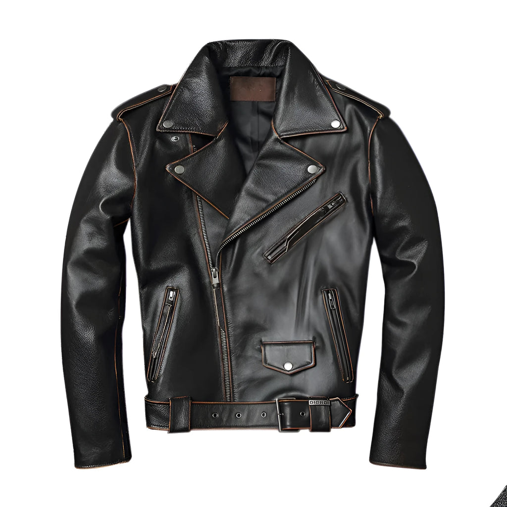 Harley's cowhide leather motorcycle jacket for men, black, short length, skinny fit, with lapel collar and zipper front