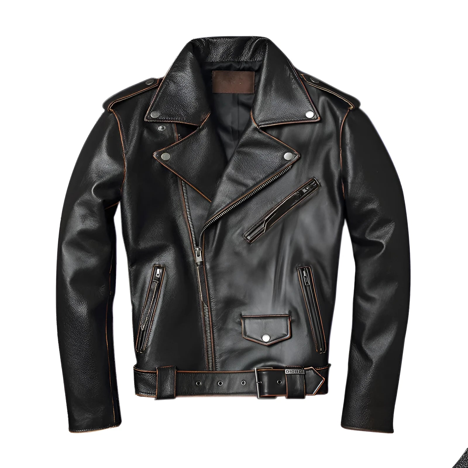 Harley's cowhide leather motorcycle jacket for men, black, short length, skinny fit, with lapel collar and zipper front