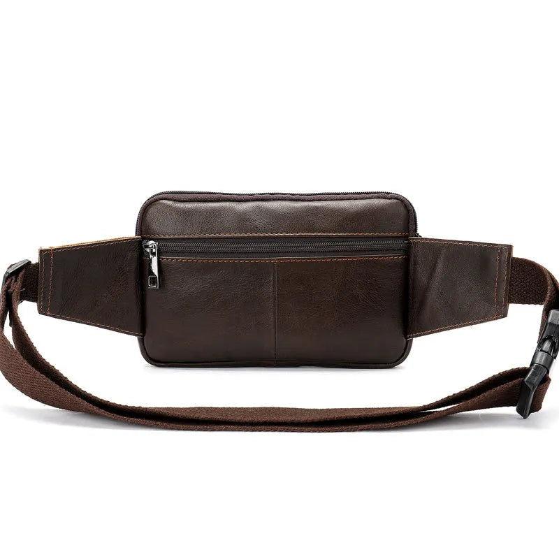 Horizontal square cowhide leather waist bag with zipper closure and multiple internal pockets
