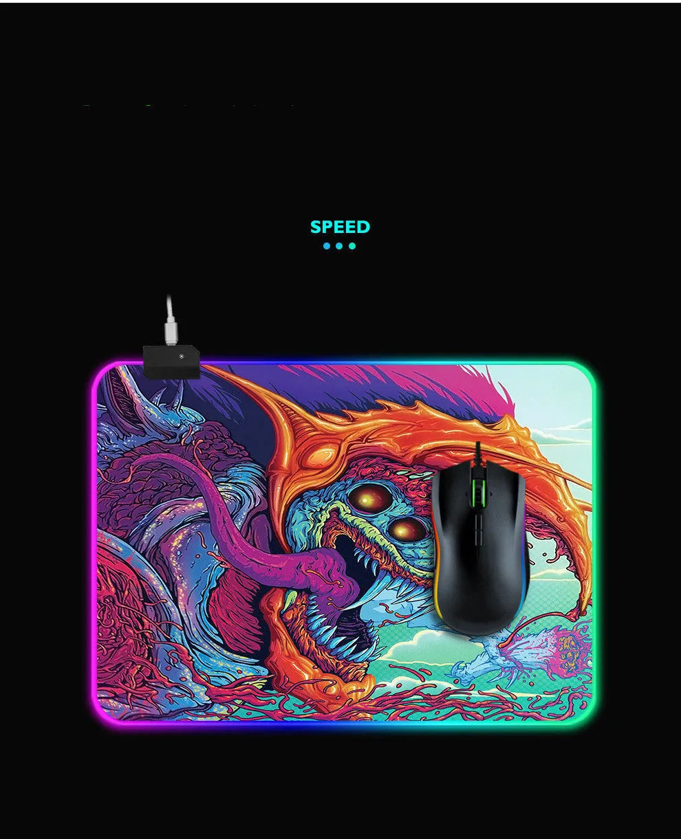Symphony RGB light-emitting gaming mouse pad with cloth surface and rubber base, available in 300x600x4mm and 800x300x4mm sizes
