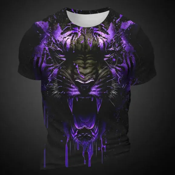 Men's 3D tiger pattern short sleeve polyester T-shirt on mannequin showing digital printing detail
