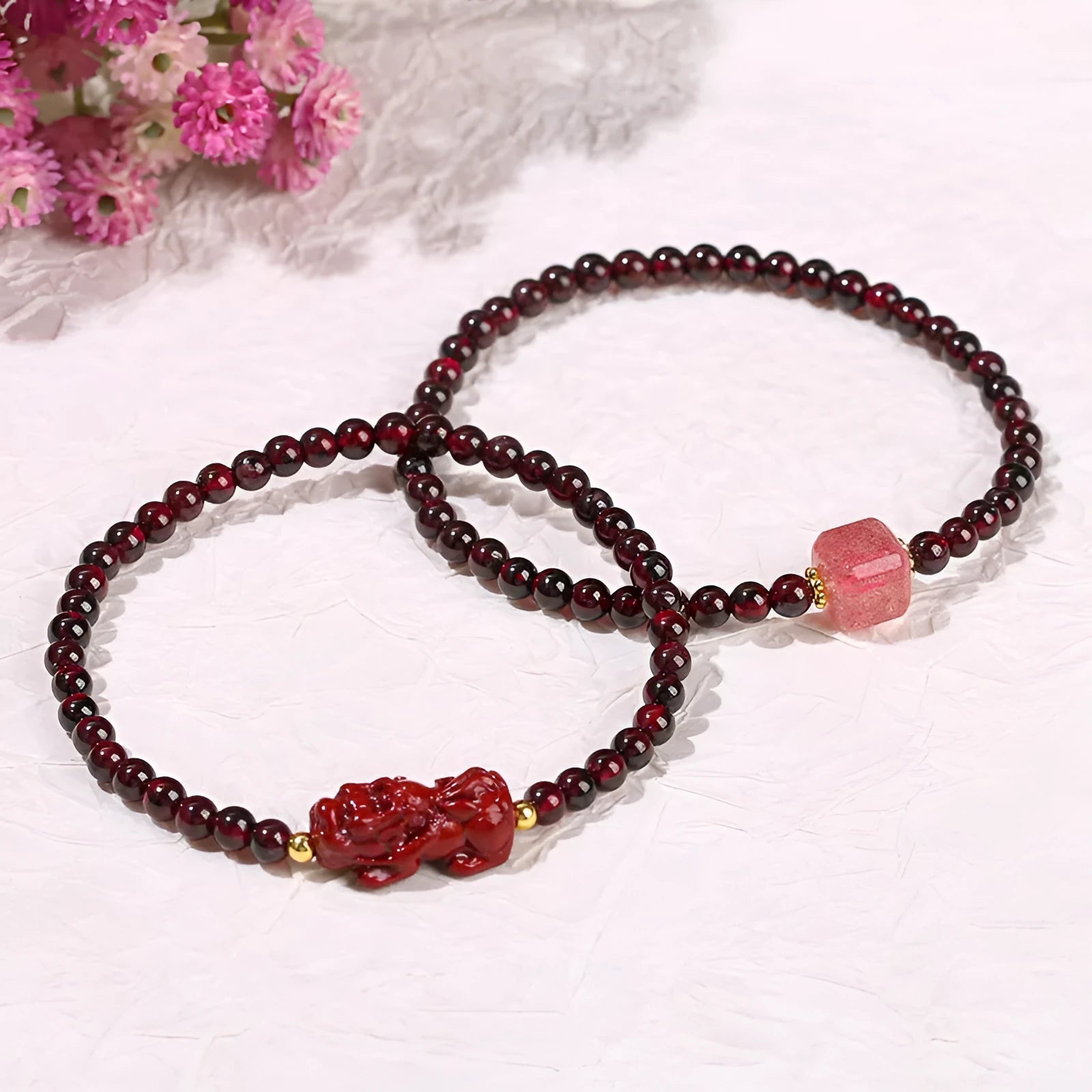 Women's garnet bracelet with purple sand pixiu carving and strawberry quartz square beads