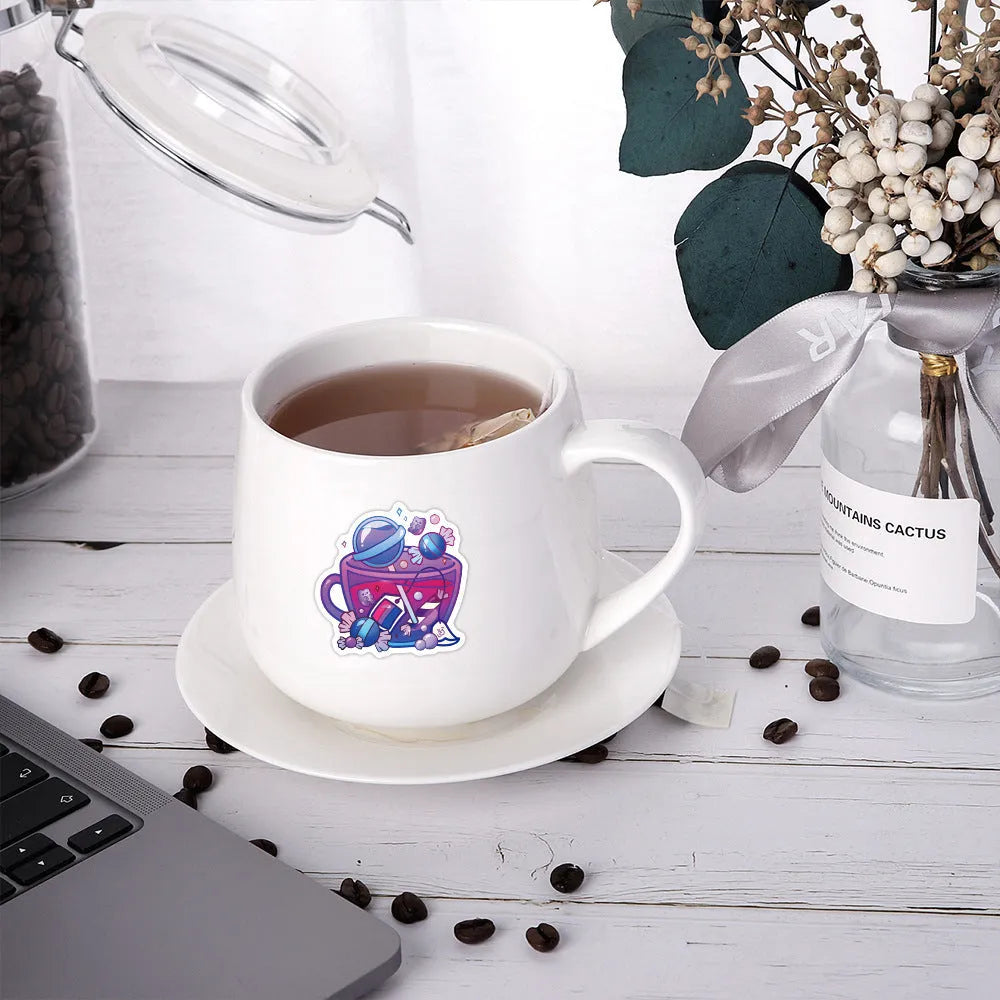 Colourful tea cup graffiti waterproof stickers in 50-piece set for luggage and scooter personalisation