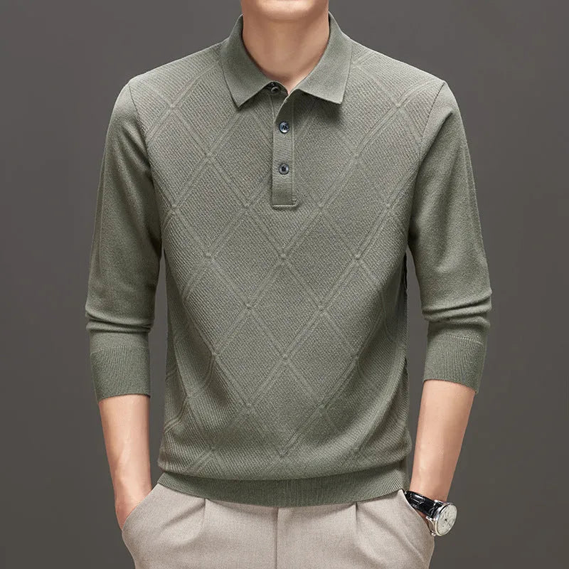 Men's polo collar knitwear sweater in solid colour, long sleeves, loose fit, jacquard knit