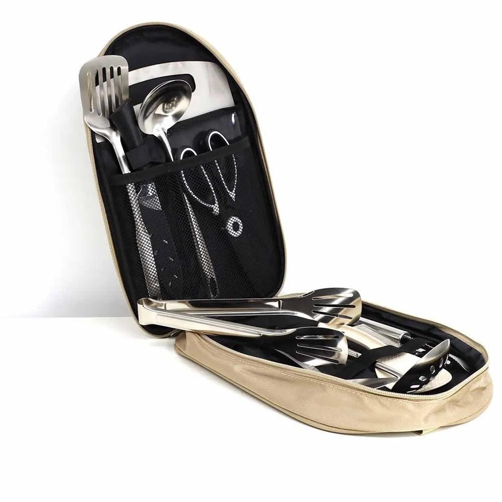 Multi-functional portable picnic bag containing a 12-piece stainless steel kitchenware set for outdoor dining.