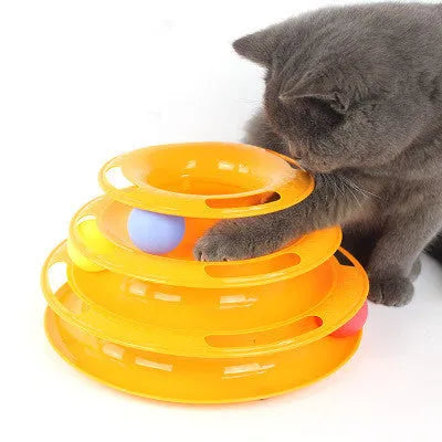 Four-layer cat turntable ball tower track toy with colourful rolling ball on a plastic base, size 16x29cm, pink colour option