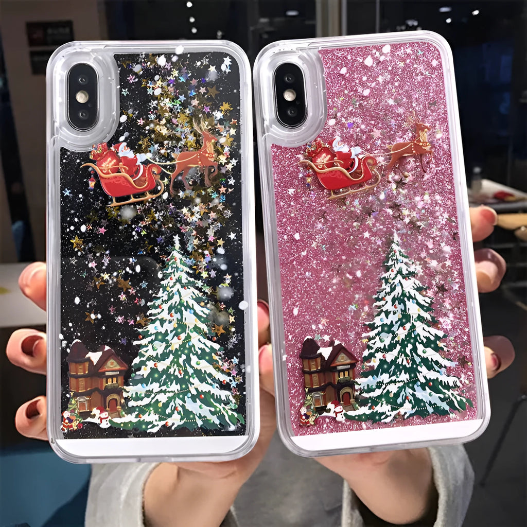 Transparent quicksand iPhone case with Santa Claus Christmas tree design in pink colour