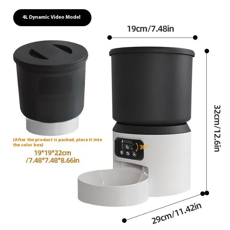 4L smart pet feeder with remote control and video camera on a kitchen floor