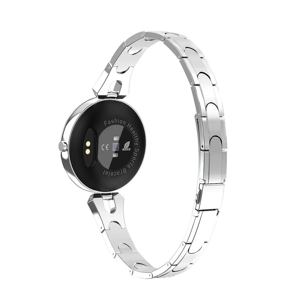 Women's smart watch with round 1.08-inch HD LCD screen and stainless steel strap, rose gold finish