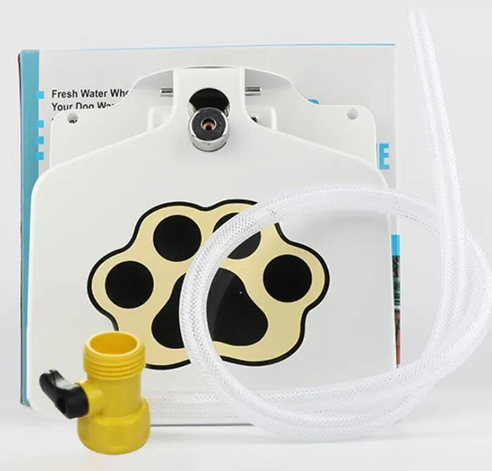 Outdoor dog water fountain in heavy-gauge steel with paw-pad and hose