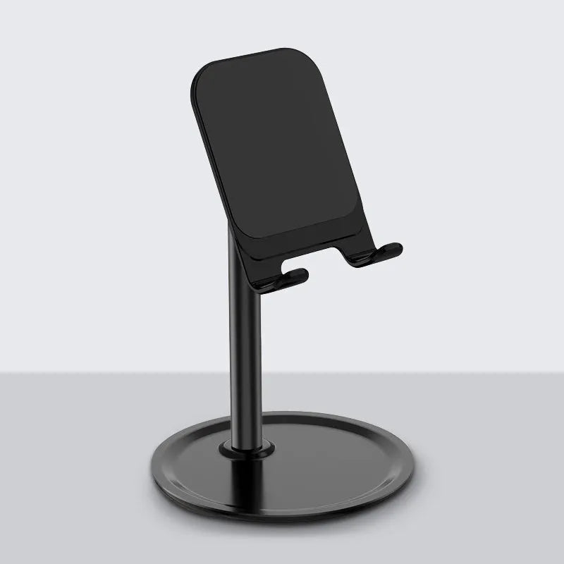 Aluminium alloy mobile phone stand with silicone head and ABS base in black or white colour.