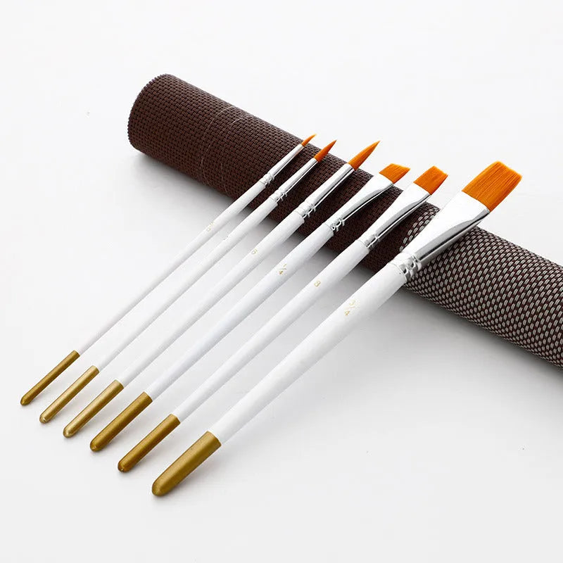 Set of 6 watercolour acrylic brushes with wood handles, aluminium tubes and nylon wool bristles, 17.5-21 cm