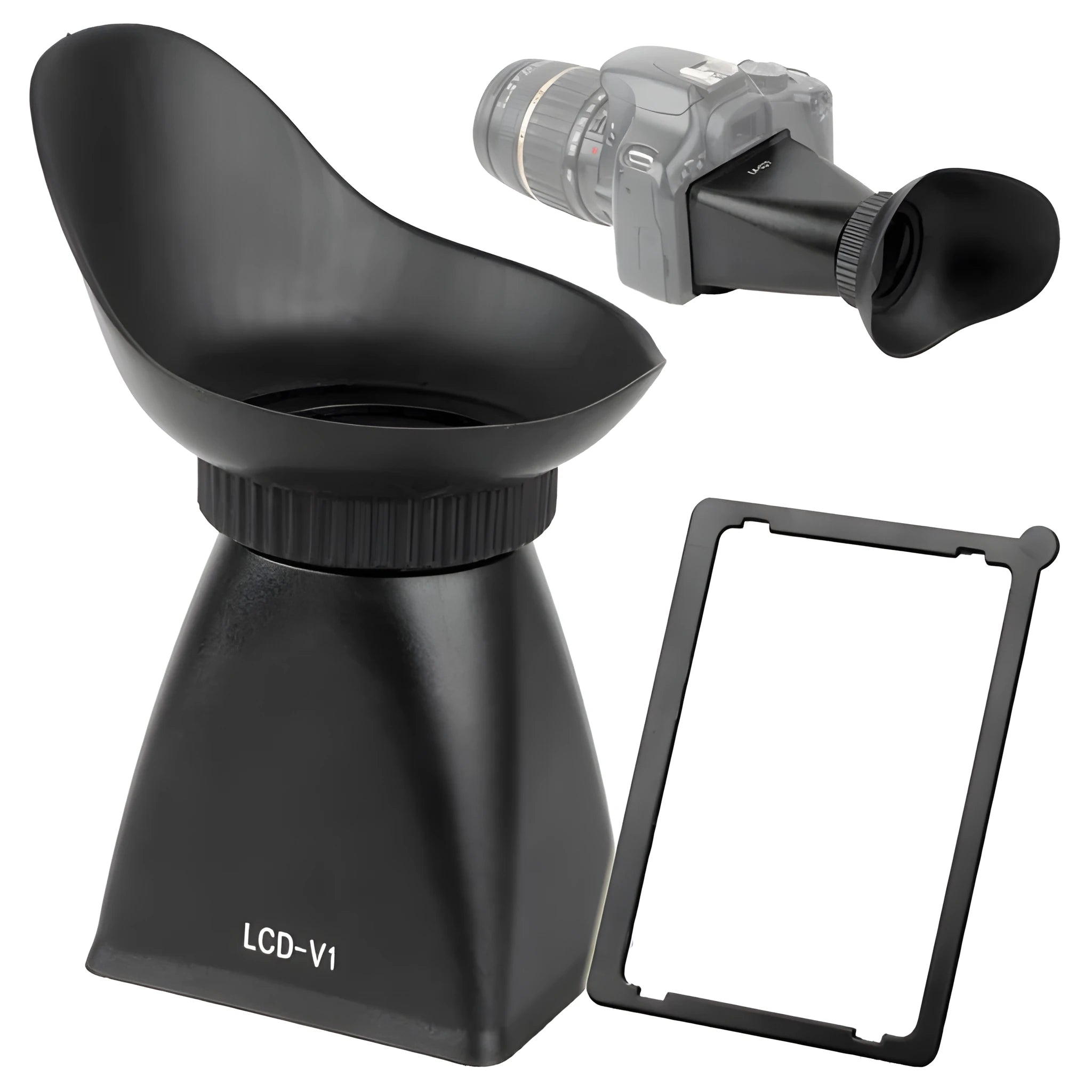 Black camera LCD screen viewfinder magnifier with magnetic mount attached to a DSLR.