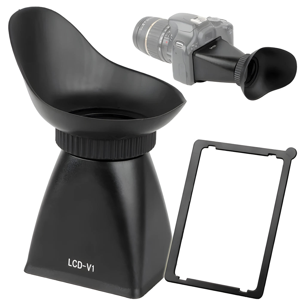 Black camera LCD viewfinder with magnification lens mounted on a DSLR camera.