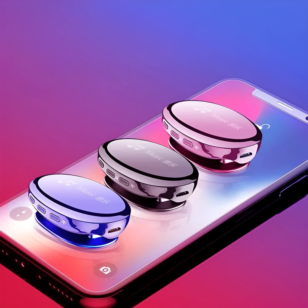 Blue Bluetooth MP4 music player with OLED screen showing track info, beside headphones.