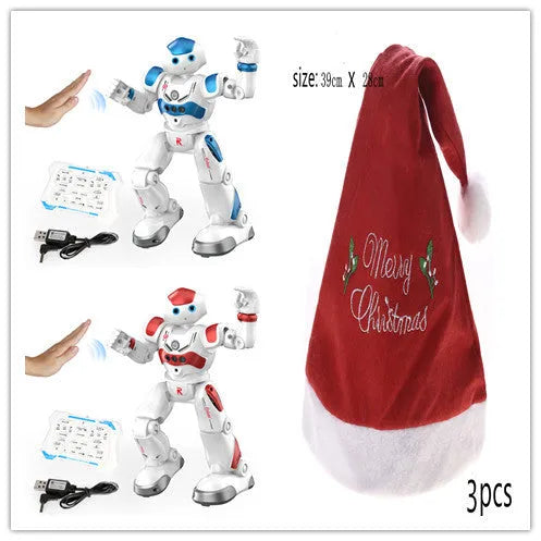 Blue remote control smart robot toy with gesture sensing and dance functions on a white background
