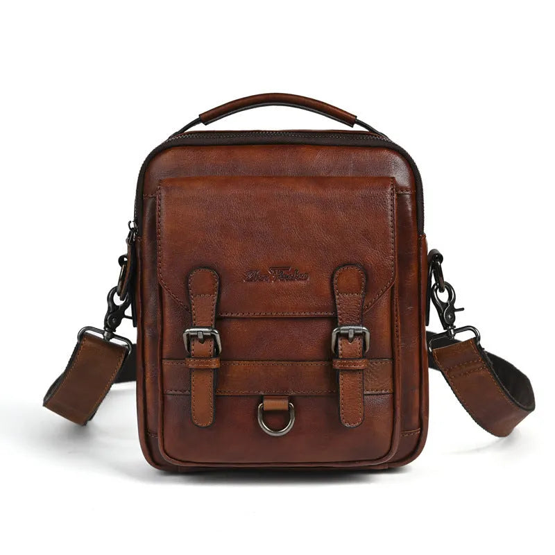 Genuine leather retro hand-rubbed top-grain cowhide shoulder bag for men light brown 8 inch