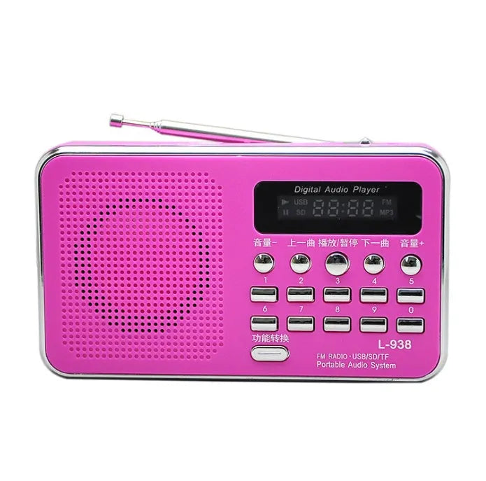 L-938 plugin MP3 speaker in white with button controls and USB interface