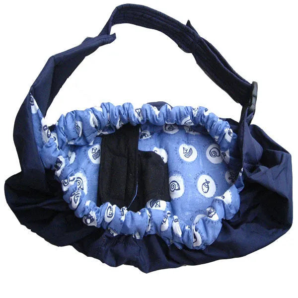 Newborn baby carrier sling with cross-arm one-shoulder strap in blue plaid fabric.