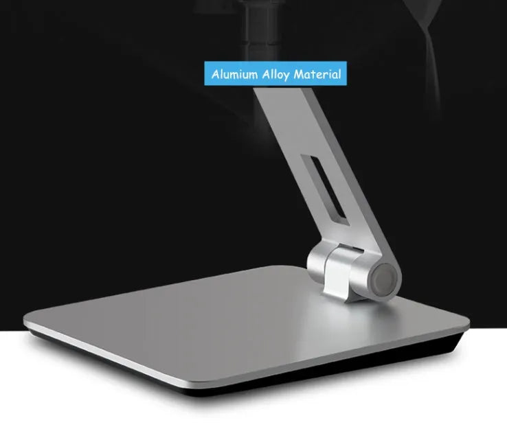 Folding aluminium phone and tablet stand in black showing 360° rotation and anti-slip silicone pads