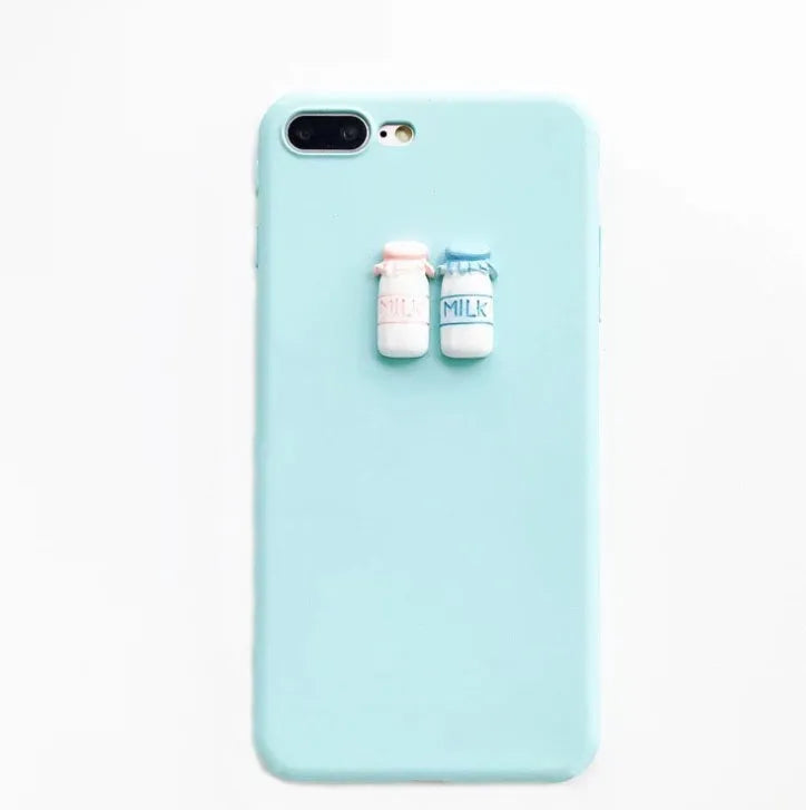 Frosted phone case with 3D milk bottle and coffee cup figures in turquoise or light pink for iPhone