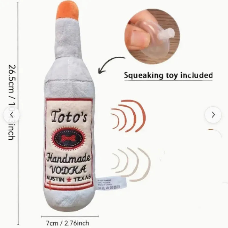 Brown wine bottle shaped plush dog chew toy for dental care and interactive play