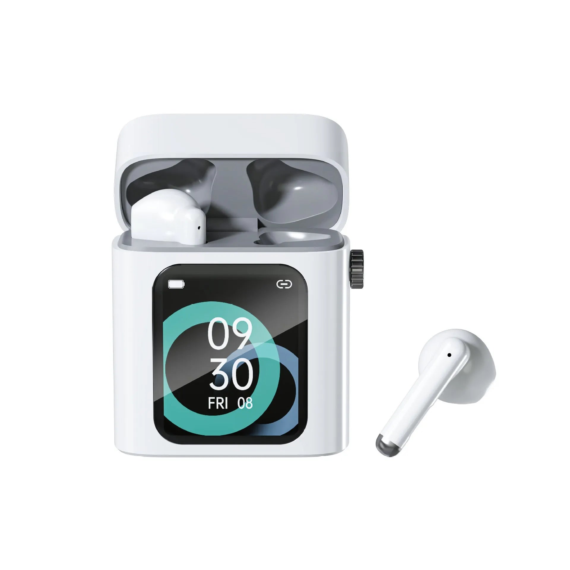 Bluetooth wireless TWS earbuds with large digital display charging case in black and white options