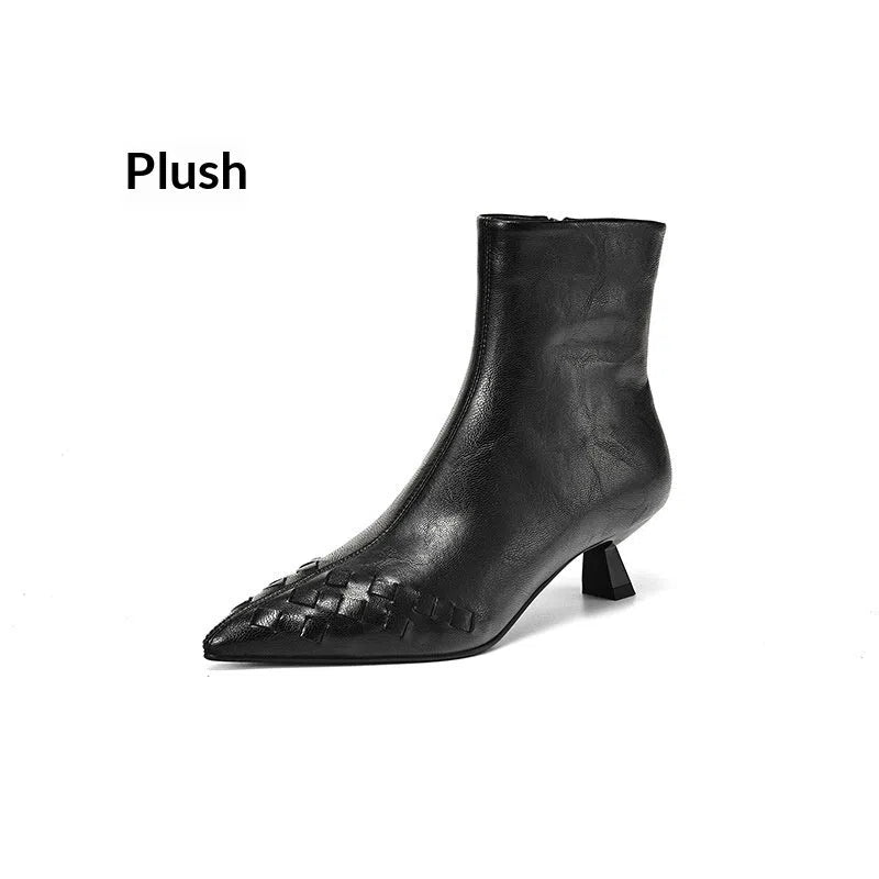 Women's genuine leather ankle boots with chunky mid-heel, square toe, side zipper, and belt buckle detail