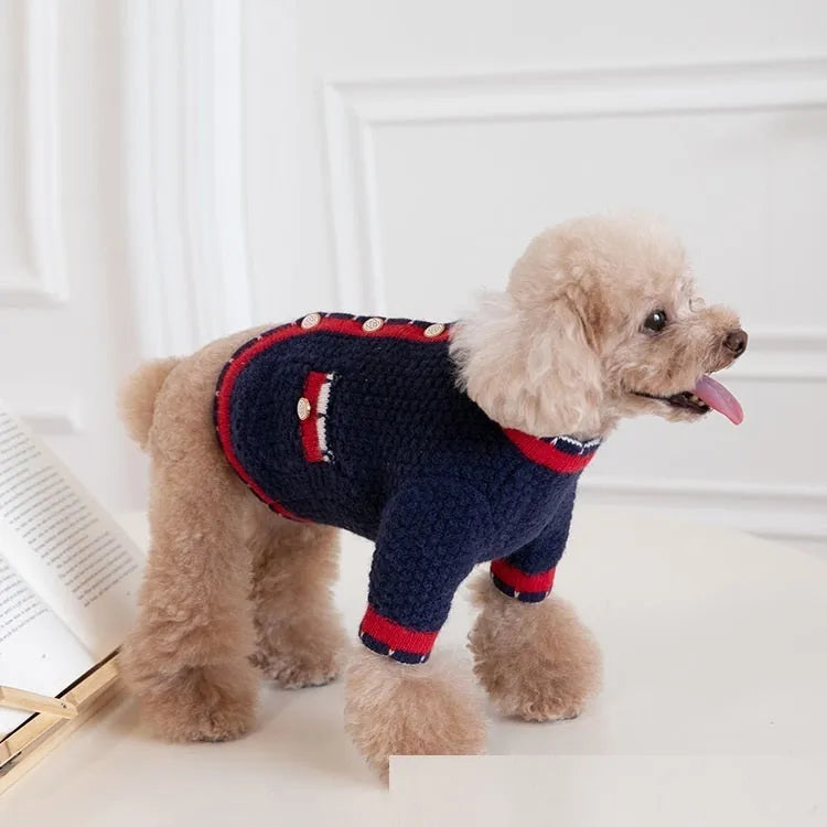 Blue Classic Princess style Wool cardigan sweater for a dog, showing cardigan opening and soft knit.