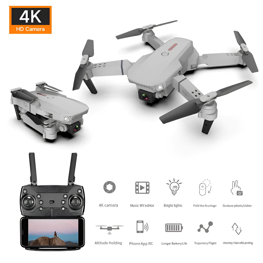Grey foldable 4K dual camera drone with remote controller and carry bag, shown with propeller blades extended.