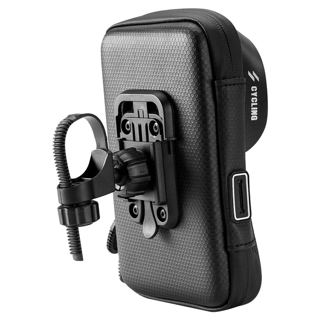 Black waterproof bicycle handlebar bag with transparent touch screen and rotating mount for navigation