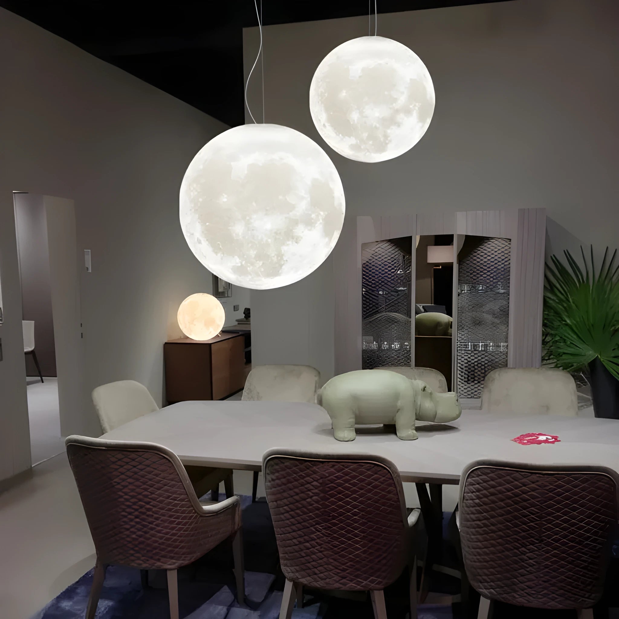 LED moon light chandelier with 3D printed shade, remote control 16 colours, adjustable height, solid wood hanging line