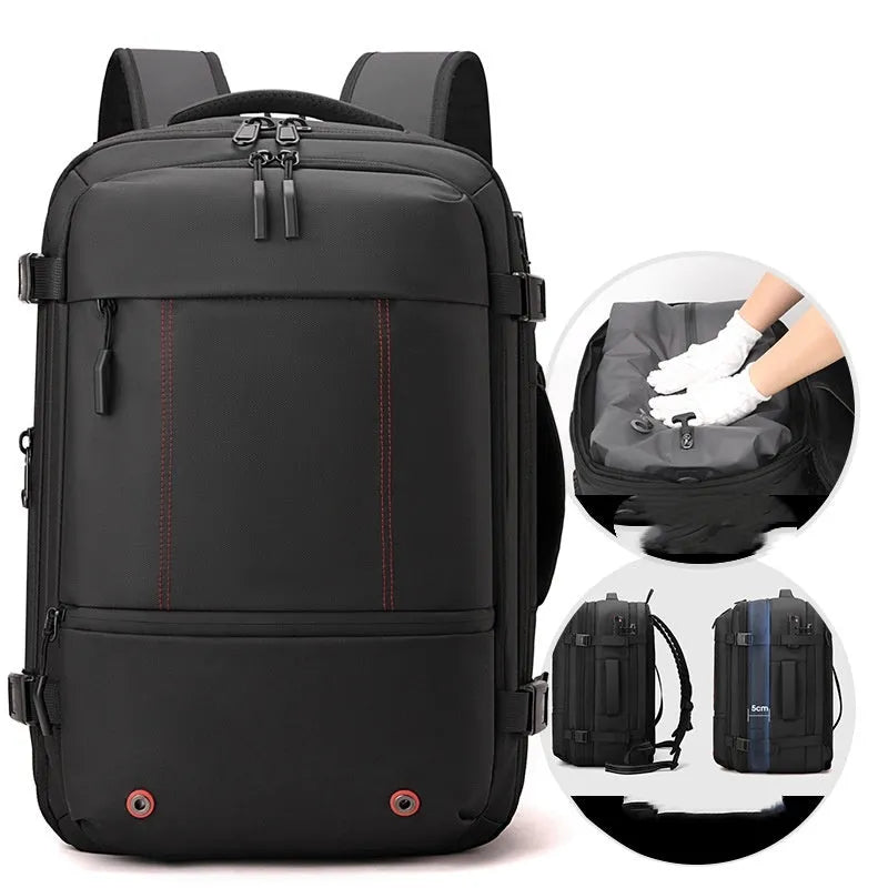 Men's business backpack with belt password lock, Oxford cloth, black airbag type, scalable 20-35L capacity
