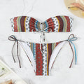 Women's printed lace-up split swimsuit in mixed colour, two-piece set with bra and pants, sleeves design, available in multiple sizes.