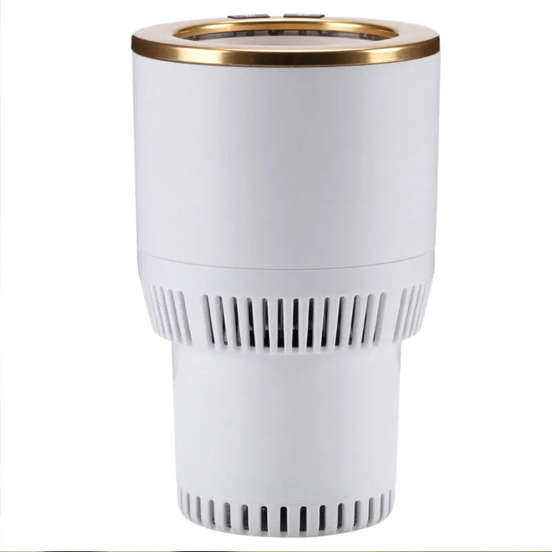 White car cup heater cooler with aluminium interior, plugged into 12V outlet, holding a metallic can