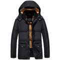 Man in a black double-breasted hooded padded jacket with a velvet lining.