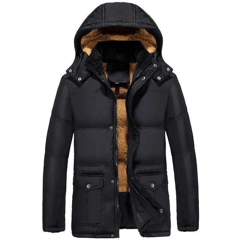 Man in a black double-breasted hooded padded jacket with a velvet lining.