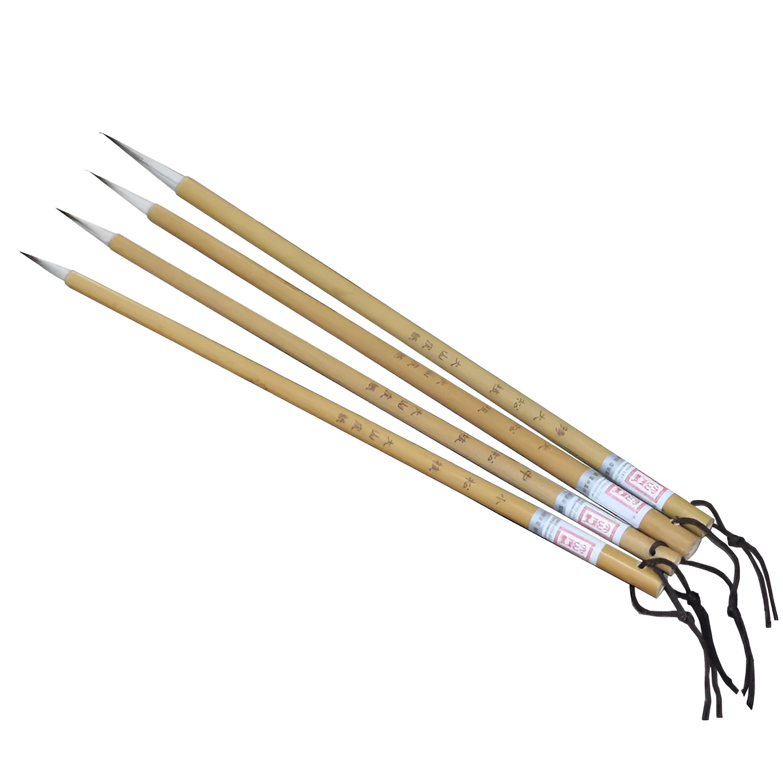Set of four thin gold body wolf wool hook thread writing brushes for Chinese calligraphy.